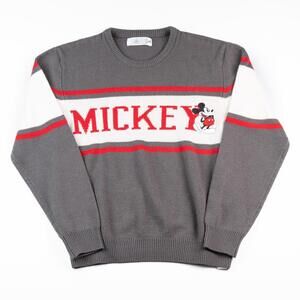 Disney Mickey Mouse Knit Sweater Gray Red White Crewneck Men’s L Vintage Style
